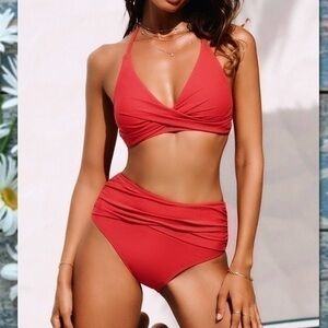 CUPSHE NWT EMERGE WRAP HIGH WAIST BOTTOMS HALTER TOP RETRO BIKINI SET MEDIUM